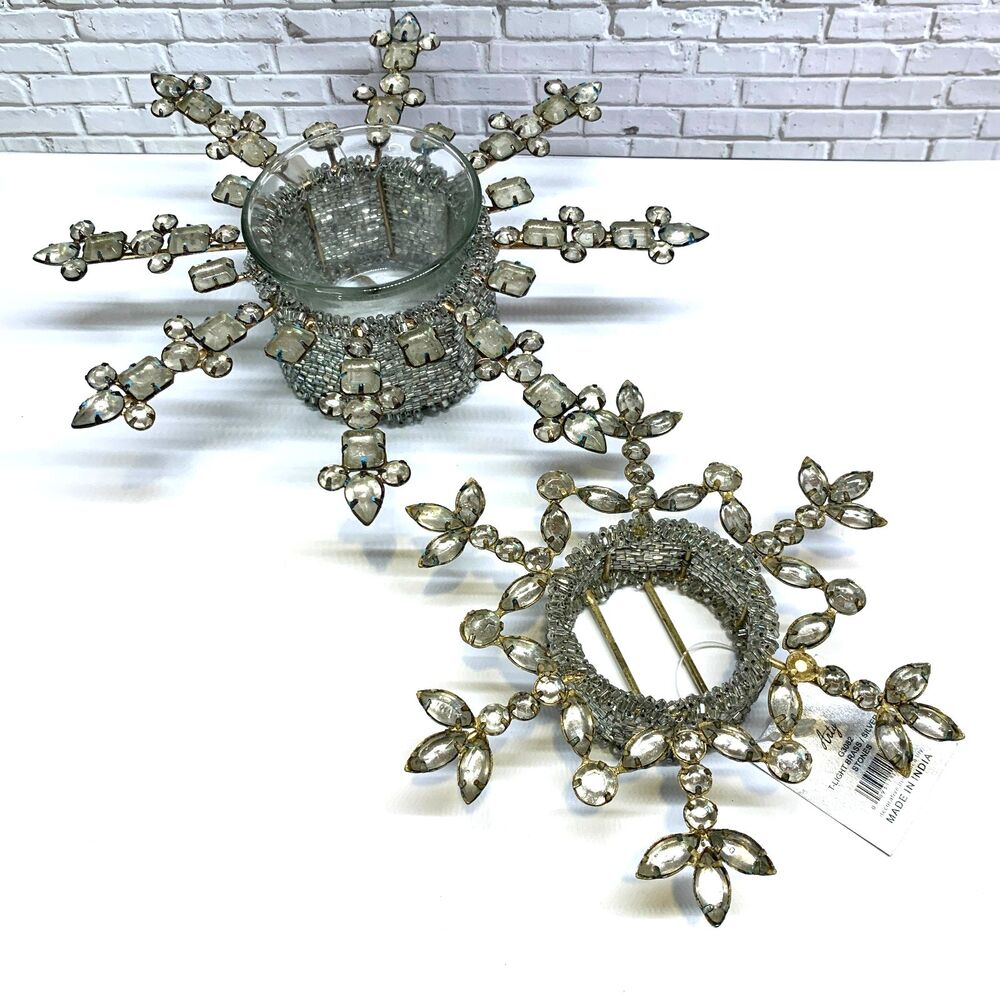 2 Vintage Clear & Silver Beaded Snowflake Tea Light Candle Holder Holidays Metal